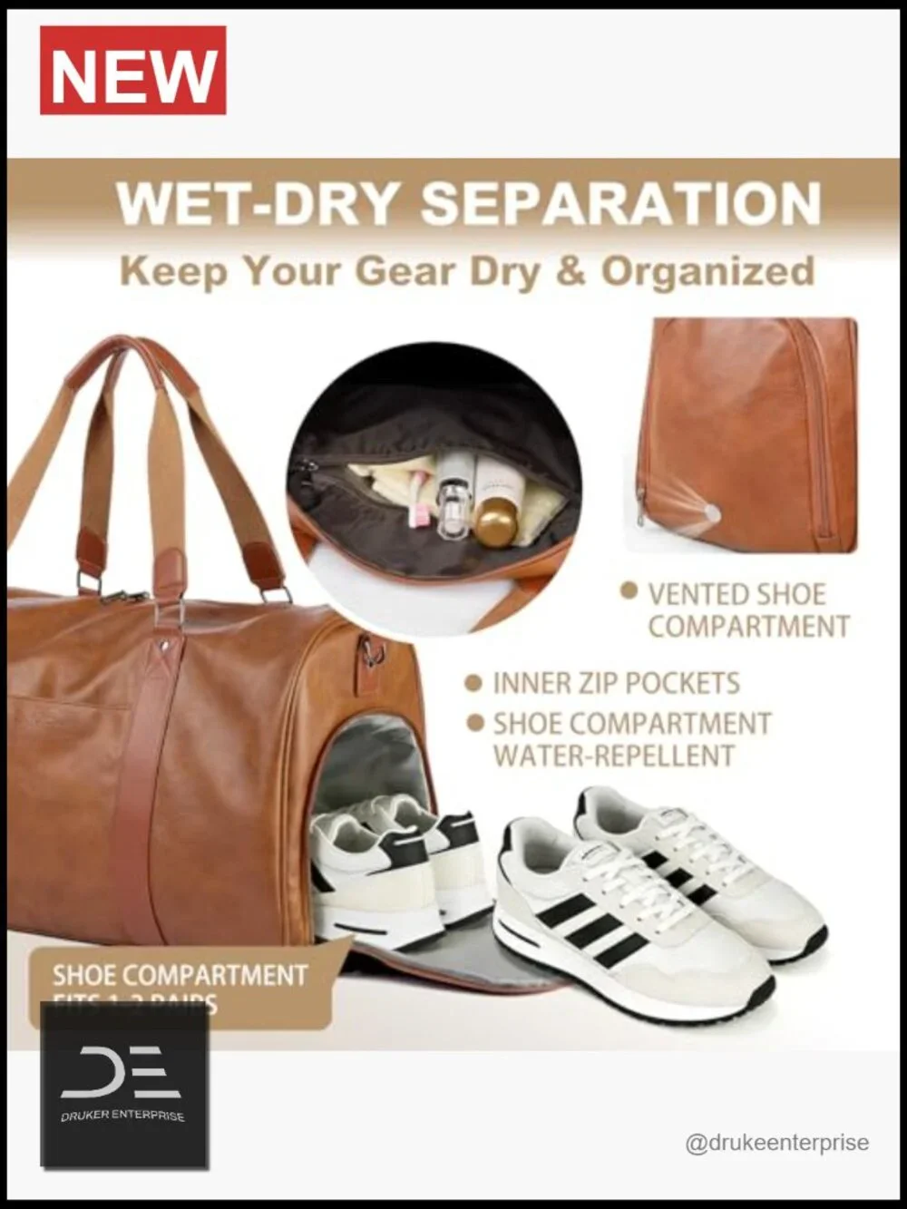 3-in-1 Leather Duffle Bag Travel Weekender Carry On with Shoe Compartment